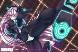  attack bad_id bad_pixiv_id blue_eyes bodysuit borrowed_character breasts character_name electro_emilia english_text female fukai_ryosuke glowing large_breasts legs light_purple_hair long_hair neon_trim original panties panties_over_pantyhose pantyhose solo space thighs underwear very_long_hair vest 