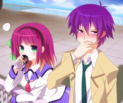  1boy angel_beats! bad_id bad_pixiv_id blush can female green_eyes indirect_kiss nakamura_yuri noda_(angel_beats!) purple_eyes purple_hair school_uniform serafuku shizuki_sayaka short_hair 