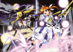  2girls absurdres bardiche_(axe_form)_(nanoha) bardiche_(nanoha) belt_buckle black_gloves black_leotard black_thighhighs blonde_hair brown_hair buckle city cloud fate_testarossa fate_testarossa_(movie_1st_form) fingerless_gloves full_body gloves highres holding holding_weapon imageboard_desourced leotard long_hair lyrical_nanoha magic_circle magical_girl mahou_shoujo_lyrical_nanoha mahou_shoujo_lyrical_nanoha_the_movie_1st multiple_girls night non-web_source official_art okuda_yasuhiro open_mouth outdoors purple_eyes raising_heart raising_heart_(cannon_mode) red_eyes short_twintails showgirl_skirt takamachi_nanoha takamachi_nanoha_(movie_1st_mode) thighhighs torn_clothes twintails very_long_hair weapon 