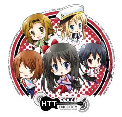  5girls :d :o akiyama_mio chibi commentary_request hair_bobbles hair_ornament hat hirasawa_yui k-on! kotobuki_tsumugi listen!! mocha_(naturefour) multiple_girls nakano_azusa one_eye_closed open_mouth peaked_cap photoshop_(medium) side_ponytail smile tainaka_ritsu 