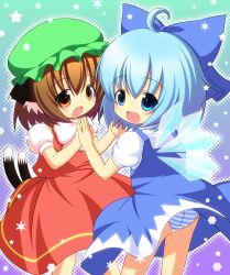  2girls chen cirno commentary_request holding_hands multiple_girls panties pantyshot pila-pela striped_clothes striped_panties touhou underwear wings 