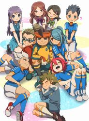  3girls 6+boys ? bisexual_male black_hair blue_eyes blush boy_sandwich brown_eyes brown_hair closed_eyes commentary_request dreadlocks endou_mamoru full_body goggles gouenji_shuuya grey_hair hair_ornament hairclip harem hato_niku headband highres inazuma_eleven inazuma_eleven_(series) kazemaru_ichirouta kidou_yuuto kino_aki kiyama_hiroto kudou_fuyuka long_hair male_focus mixed_harem multiple_boys multiple_girls open_mouth ponytail purple_hair raimon_natsumi red_hair sandwiched smile straight sweat tachimukai_yuuki utsunomiya_toramaru 