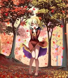  aki_shizuha autumn blonde_hair closed_eyes commentary_request dress female gatau hair_ornament leaf_hair_ornament solo touhou wind wind_lift 