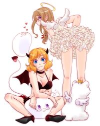  2girls :3 america_(hetalia) angel angel_and_devil angel_wings axis_powers_hetalia az0212 bad_id bad_pixiv_id bat_wings bear blonde_hair blue_eyes breasts canada_(hetalia) choker cleavage demon_girl demon_horns demon_tail demon_wings dress earrings genderswap_(mtf) glasses halo heart high_heels horns jewelry kumajirou_(hetalia) legs long_hair looking_back medium_breasts multiple_girls open_mouth polar_bear rule_63 shoes short_hair siblings sisters skirt smile spread_legs tail wings 