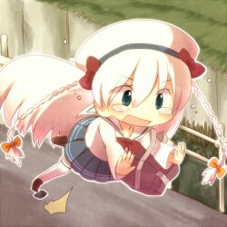  ar_tonelico ar_tonelico_i blue_eyes braid chibi clumsy commentary female hat kabuyou long_hair lowres school_uniform serafuku shurelia_(ar_tonelico) solo teardrop tears thighhighs tripping twin_braids very_long_hair white_hair white_thighhighs 