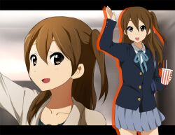  :d bag blazer brown_eyes brown_hair commentary_request drink extra female jacket k-on! kakiuchi_itsuki long_hair multiple_views one_side_up open_mouth ribbon sakuragaoka_high_school_uniform school_uniform side_ponytail skirt smile taki_eri waving 