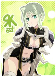  armor cleavage_cutout clothing_cutout fantasy female green_eyes green_hair leaning_forward lipstick makeup midriff mr.romance ragnarok_online rune_knight_(ragnarok_online) short_hair solo thighhighs 