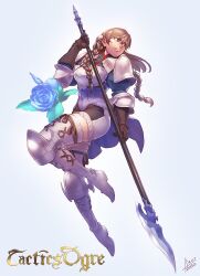  armor azusa_(hws) blue_eyes blue_flower blue_rose boots braid brown_hair commentary_request female flower glaive_(polearm) gloves highres legs long_hair long_legs polearm purple_eyes ravness_loxaerion rose solo tactics_ogre thick_thighs thigh_boots thighhighs thighs twin_braids weapon 