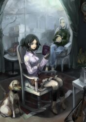  2girls aqua_eyes bad_id bad_pixiv_id black_hair blue_eyes book boots canine flower food instrument katsuma_(perestronica) multiple_girls optical_illusion original photoshop_(medium) silver_hair skull window 