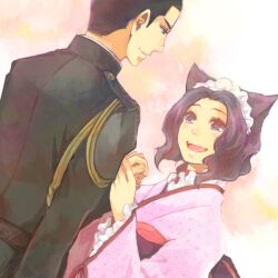  1boy animal_ears black_hair brown_eyes commentary_request couple female fox_ears holding_hands japanese_clothes kimono maid_headdress military military_uniform open_mouth otome_youkai_zakuro purple_eyes short_hair smile straight susukihotaru uniform xylit01 yoshinokazura_riken 