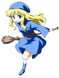  anbe_masahiro blonde_hair blue_eyes boots broom commentary_request dress female hat long_hair madou_monogatari puyopuyo solo witch witch_(puyopuyo) 