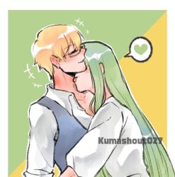  1boy 1other androgynous blonde_hair blue_vest commentary enkidu_(fate) fate/strange_fake fate_(series) gilgamesh_(fate) glasses green_background green_hair guchalabear heart licking licking_another's_neck long_hair official_alternate_costume other_with_male shirt sleeves_rolled_up spoken_heart very_long_hair vest white_shirt yellow_background 