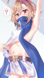  ? absurdres ahoge antenna_hair armpit_focus armpits blue_scarf brown_eyes brown_hair buttons clothing_cutout commentary_request double-breasted expressive_hair female firefly_(stella_sora) head_tilt heart heart_ahoge highres hitoha_koduku huge_ahoge long_hair long_sleeves looking_at_viewer midriff navel navel_focus outie_navel presenting_navel presenting_own_armpit scarf short_hair shorts shorts_under_skirt side_cutout skirt socks solo speech_bubble spoken_question_mark stella_sora white_shorts white_skirt white_socks 