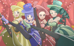  4girls :d :o arched_bangs bare_shoulders battle_chatelaine black_gloves black_pantyhose blonde_hair blue_hair blue_hat breasts cleavage closed_mouth commentary_request confetti dana_(pokemon) dengaaaak0529 dress drill_hair drill_ponytail elbow_gloves evelyn_(pokemon) gloves green_hair green_hat hat high_heels highres leg_up long_hair looking_at_viewer morgan_(pokemon) multiple_girls nita_(pokemon) open_mouth pantyhose pokemon pokemon_xy red_hair red_hat short_hair siblings sisters smile twintails v-shaped_eyebrows yellow_hat 