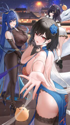  3girls absurdly_long_hair absurdres architecture ass azur_lane backless_dress backless_outfit black_footwear black_gloves black_hair black_thighhighs blue_dress blue_eyes blue_flower blue_hair bodystocking breasts capelet chien_wu_(azur_lane) chien_wu_(dressed_for_just_tonight)_(azur_lane) china_dress chinese_clothes commentary_request dress east_asian_architecture elbow_gloves fireworks flower from_behind gloves hair_flower hair_intakes hair_ornament high_heels highres lace-trimmed_gloves lace_trim large_breasts long_hair looking_at_viewer manjuu_(azur_lane) mole mole_under_eye multiple_girls new_jersey_(azur_lane) new_jersey_(dancing_in_the_moonlight)_(azur_lane) night night_sky official_alternate_costume open_mouth outdoors pointing pointing_forward purple_hair qing_wu red_eyes short_hair sky smile snake tai_yuan_(azur_lane) thighhighs very_long_hair white_capelet white_snake 