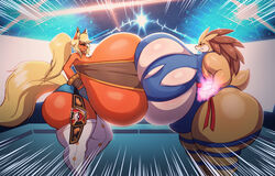  anthro arena ass big_breasts big_butt blush breast_squish breasts clothing eeveelution female flareon flarita generation_1_pokemon huge_breasts huge_butt hyper hyper_breasts hyper_butt lightning_stare nintendo norodoggo pok&eacute;mon_(species) pokemon pokemon_(species) sandpancake sandslash solo squish staredown thick_thighs torn_clothing video_games 