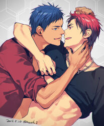  2boys abs aomine_daiki arm_around_shoulder black_shirt blue_eyes blue_hair clothes_lift collarbone crew_neck dark-skinned_male dark_skin dated eye_contact forked_eyebrows hand_in_another&#039;s_hair hand_on_another&#039;s_neck imminent_kiss jewelry kagami_taiga kuroko_no_basuke looking_at_another male_focus multiple_boys necklace oerba_yun_fang open_mouth red_eyes red_hair red_shirt ring ring_necklace shirt shirt_lift short_sleeves sleeves_rolled_up tongue torisu tumblr_username upper_body veins veiny_hands yaoi 