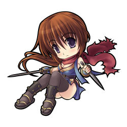  2000s_(style) black_footwear black_sash black_thighhighs blue_dress blush breasts brown_hair cleavage closed_mouth commentary_request crescent dagger dress dual_wielding expressionless female full_body hair_between_eyes holding holding_dagger holding_knife holding_weapon kdc_(koineko) knife long_hair looking_at_viewer lowres medium_breasts ninja ninja_(ragnarok_online) obi obijime purple_eyes ragnarok_online red_scarf sandals sash scarf short_dress simple_background sitting sleeveless sleeveless_dress solo thighhighs vambraces weapon white_background zouri 