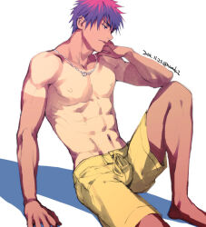  1boy abs arm_support collarbone elbow_on_knee forked_eyebrows groin jewelry kagami_taiga knee_up kuroko_no_basuke looking_ahead male_focus male_swimwear navel necklace parted_lips pectorals red_hair ring ring_necklace shadow simple_background sitting swim_trunks tan tanlines topless_male torisu white_background yellow_male_swimwear 