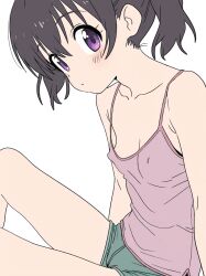  areola_slip armpit_crease bare_shoulders black_hair blush breasts camisole closed_mouth collarbone covered_nipples female highres kuraue_hinata looking_at_viewer nipple_slip nipples no_bra okacchi pink_camisole ponytail purple_eyes shirt short_shorts shorts simple_background sitting small_breasts solo spaghetti_strap tank_top twintails white_background yama_no_susume 