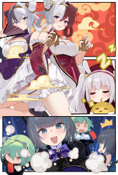  4girls @_@ ^^^ absurdres admiral_nakhimov_(azur_lane) azur_lane blue_eyes blush bow bowtie breasts chao_ho_(azur_lane) cheshire_(azur_lane) cheshire_(the_cat_in_the_magic_hat)_(azur_lane) cleavage cone_hair_bun crossed_bangs detached_sleeves double_bun green_hair hair_bun hair_ribbon hand_fan highres hongbao laffey_(azur_lane) large_breasts looking_at_viewer manjuu_(azur_lane) multicolored_hair multiple_girls oerba_yun_fang official_alternate_costume official_art purple_bow purple_bowtie purple_hair red_hair ribbon skin_fang sleeping split-color_hair streaked_hair white_hair wide_sleeves yellow_eyes ying_swei_(azur_lane) 