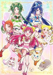  2boys 6+girls absurdres akimoto_komachi arm_warmers artist_logo artist_name bike_shorts bike_shorts_under_shorts blonde_hair blue_eyes blue_footwear blue_hair blue_shorts blush boots bow butterfly_brooch butterfly_earrings butterfly_hair_ornament choker coco_(yes!_precure_5) cone_hair_bun creature crop_top cure_aqua cure_dream cure_lemonade cure_mint cure_rouge dress drill_hair earrings fairy fur-trimmed_dress fur_trim green_eyes green_footwear green_hair green_shorts hair_bun hair_ornament hair_rings hairbow high_heels highres jewelry kasugano_urara_(yes!_precure_5) kneehighs logo long_hair magical_girl midriff milk_(yes!_precure_5) minazuki_karen moro_precure multiple_boys multiple_girls natsuki_rin navel nuts_(yes!_precure_5) off-shoulder_dress off_shoulder one_eye_closed open_mouth orange_footwear petticoat pink_eyes pink_footwear pink_hair pink_shorts ponytail precure red_eyes red_footwear red_hair red_shorts shirt short_hair short_sleeves shorts skirt sleeveless sleeveless_dress smile socks thighhighs twin_drills twintails yellow_bow yellow_choker yellow_dress yellow_eyes yellow_shirt yellow_skirt yellow_socks yellow_thighhighs yes!_precure_5 yumehara_nozomi 