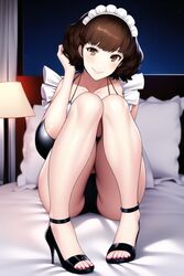  6_toes ai_generated brown_eyes brown_hair high_heels nai_diffusion night noirwu on_bed stable_diffusion toes 