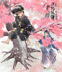  2boys aged_down barefoot black_hair cherry_blossoms commentary_request doudanuki_masakuni faux_traditional_media from_below in_tree japanese_clothes lolicon male_focus mikazuki_munechika multiple_boys outstretched_hand pukun short_ponytail sitting sitting_in_tree thick_outlines touken_ranbu tree 