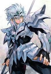  1boy armor black_bodysuit bodysuit brown_eyes closed_mouth cowboy_shot dragon_quest dragon_quest_dai_no_daibouken fingerless_gloves fingernails gloves headpiece holding holding_polearm holding_weapon hungry_clicker hyunkel male_focus manly pauldrons polearm sanpaku shoulder_armor solo vambraces weapon white_hair 