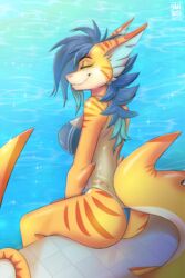  2022 anthro ass blue_hair breasts closed_eyes clothing detailed_background digital_media_(artwork) female fin fish gris_swimsuit hair hi_res jyxa marine markings meme meme_clothing one-piece_swimsuit orange_body poolside requiem_shark rin_tyan shark sitting smile solo striped_body striped_markings stripes swimming_pool swimwear tail thick_tail tiger_shark translucent translucent_clothing translucent_swimwear watermark 