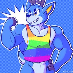  1:1 animal_crossing anthro antlers bam_(animal_crossing) blue_body blue_fur bottomless clothed clothing deer digital_media_(artwork) fizzyjay fur hi_res horn lgbt_pride male mammal multicolored_clothing multicolored_shirt multicolored_tank_top multicolored_topwear muscular muscular_anthro muscular_male nintendo nipples pattern_clothing pride_color_clothing pride_color_shirt pride_color_tank_top pride_color_topwear pride_colors rainbow_flag rainbow_pride_colors rainbow_pride_flag rainbow_symbol raised_clothing raised_topwear shirt simple_background six-stripe_rainbow_pride_colors solo striped_clothing stripes tank_top topwear 