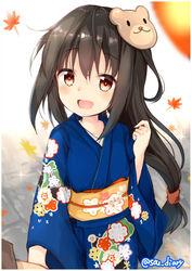  :d autumn_leaves bear_mask black_hair blue_kimono blush brown_eyes commentary_request female floral_print hair_between_eyes hand_up hatsushimo_(kancolle) japanese_clothes kantai_collection kimono long_hair long_sleeves low-tied_long_hair mask mask_on_head obi open_mouth out_of_frame print_kimono sash sidelocks smile solo_focus sou_(soutennkouchi) twitter_username very_long_hair wide_sleeves 