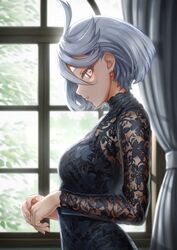  absurdres ahoge alternate_costume black_shirt breasts curtains earrings female floral_print from_side grey_eyes grey_hair gundam gundam_suisei_no_majo highres jewelry long_sleeves looking_at_viewer looking_to_the_side miorine_rembran nonoa-cg parted_lips see-through see-through_sleeves shirt short_hair small_breasts solo upper_body window 