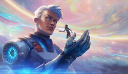  2boys blue_eyes bodysuit commentary_request cyborg floating giant giant_male glowing glowing_eyes highres honeycomb_(pattern) keith_(voltron) male_focus multiple_boys nebula prosthesis prosthetic_arm pukun realistic scar spacesuit takashi_shirogane voltron:_legendary_defender voltron_(series) 