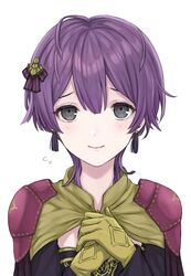  akina_(akn_646) bangs bernadetta_von_varley blush closed_mouth earrings female fire_emblem fire_emblem:_three_houses gloves grey_eyes hair_between_eyes hair_ornament hands_on_own_chest hands_together highres jewelry light_smile long_sleeves purple_hair simple_background smile solo upper_body white_background yellow_gloves 