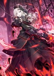  ascot black_capelet black_dress black_flower black_gloves black_hat black_rose breasts capelet commentary dress fate/grand_order fate_(series) female fire flower gabiran gloves grey_eyes hat highres kriemhild_(fate) kriemhild_(first_ascension)_(fate) large_breasts long_hair long_sleeves looking_at_viewer mole mole_under_eye open_mouth rose solo sword veil weapon white_hair 