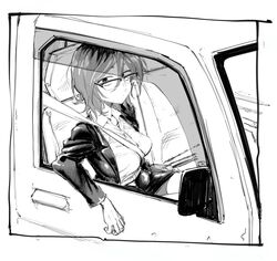  ahoge breasts closed_mouth dagashi_kashi female glasses greyscale ground_vehicle highres jacket kotoyama looking_at_viewer medium_hair monochrome motor_vehicle owari_hajime semi-rimless_eyewear shadow shirt skirt solo 