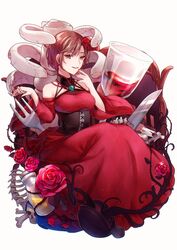  akujiki_musume_conchita_(vocaloid) animal_skull aryuma772 banica_conchita bare_shoulders bone bottle brown_eyes brown_hair choker corset cup cutlery detached_sleeves dress drinking_glass drug_of_gold_(vocaloid) evillious_nendaiki female flower fork glass_of_conchita gold hair_flower hair_ornament highres knife meiko_(vocaloid) red_dress red_flower red_rose ribs rose seed short_hair sitting skull solo spine thorns vessel_of_sin vocaloid wide_sleeves wine_glass 