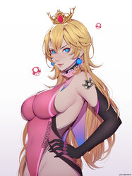  absurdres alternate_breast_size alternate_costume arm_tattoo black_gloves blonde_hair blue_eyes breasts character_name closed_mouth crown crown_(symbol) earrings elbow_gloves female gloves highres jewelry leotard lips liya_nikorov long_hair mario_(series) medium_breasts mole mole_on_breast mushroom pearl_earrings pink_leotard princess_peach sideboob simple_background solo sphere_earrings super_mushroom tattoo v-shaped_eyebrows wavy_hair white_background 