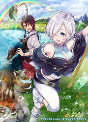  1boy :o ;d belt blue_eyes blue_sky boots breasts brown_eyes brown_hair bucket check_copyright cleavage cloud copyright_request cover cover_page day female fire fish fishing fishing_rod grass grey_hair hair_over_one_eye highres midriff mountain novel_cover novel_illustration official_art one_eye_closed open_mouth outdoors pulling rainbow remushita_braves_online running short_hair skewer sky smile wading water white_footwear yukimiya_yuge 