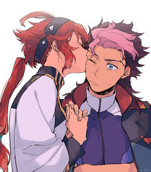  1boy asticassia_school_uniform blue_eyes blush brown_hair female green_jacket guel_jeturk gundam gundam_suisei_no_majo hair_between_eyes highres holding_hands jacket kissing kissing_forehead long_hair long_sleeves mullet multicolored_hair one_eye_closed open_mouth pink_hair red_hair school_uniform short_hair_with_long_locks straight suletta_mercury sweatdrop thick_eyebrows two-tone_hair upper_body wakaya_hana white_background white_jacket 