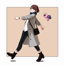  anglerfish bag blue_eyes blush boots coat female fish grin highres ibara_hiyori ibaraki-ken pants short_hair shoulder_bag smile takimoto_nao virtual_youtuber walking 