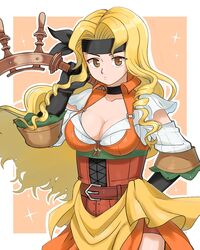  belt belt_buckle betabetamaru blonde_hair bow_(weapon) breasts brigid_(fire_emblem) brigid_(pirate)_(fire_emblem) brown_eyes buckle choker cleavage closed_mouth corset dress elbow_gloves female fire_emblem fire_emblem:_genealogy_of_the_holy_war fire_emblem_heroes gloves headband highres long_hair pirate simple_background solo wavy_hair weapon 