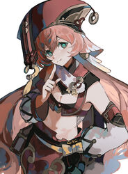  aco_gbfg antlers bare_shoulders black_bra bra breasts crop_top detached_sleeves female genshin_impact green_eyes highres horns index_finger_raised looking_at_viewer midriff pink_hair red_headwear scales simple_background skirt small_breasts smile solo tongue underwear white_background yanfei_(genshin_impact) 