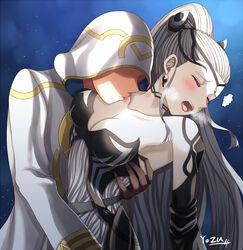  1boy artist_name bare_shoulders black_choker black_dress black_sleeves black_tiara blush breasts brown_gloves choker cleavage cloak closed_eyes collarbone commentary_request detached_sleeves dress earrings eir_(fire_emblem) faceless faceless_male female fire_emblem fire_emblem_heroes gasp gloves grey_hair hand_on_another&#039;s_waist highres hood hood_up hooded_cloak hug jewelry kiran_(fire_emblem) kiran_(male)_(fire_emblem) kissing kissing_neck long_hair medium_breasts night night_sky open_mouth ponytail sidelocks sky star_(sky) starry_sky straight strapless strapless_dress tiara very_long_hair visible_air white_cloak white_dress white_hair white_hood yozu_(yozu0420) 