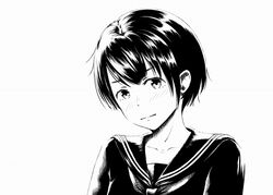  blush female greyscale looking_at_viewer monochrome original school_uniform serafuku short_hair simple_background takimoto_nao uniform upper_body white_background 