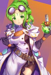  belt black_gloves breasts candy closed_mouth coke-bottle_glasses eyewear_on_head female fire_emblem fire_emblem:_the_sacred_stones fire_emblem_heroes flask food glasses gloves green_eyes green_hair halloween halloween_costume holding holding_candy holding_food holding_lollipop jurge l&#039;arachel_(fire_emblem) l&#039;arachel_(halloween)_(fire_emblem) large_breasts lollipop simple_background smile solo 