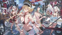  6+girls azur_lane bass_guitar beach bikini bismarck_(azur_lane) bismarck_zwei_(azur_lane) black_bikini black_nails black_shorts blonde_hair blue_eyes blunt_bangs breasts choker closed_mouth cloud cloudy_sky cross cross_necklace detached_collar drum drumsticks facing_to_the_side facing_viewer fingernails green_hair guitar hair_between_eyes hair_bun hat holding holding_drumsticks holding_instrument holding_microphone horns houston_(azur_lane) houston_ii_(azur_lane) instrument jade_(azur_lane) jewelry keyboard_(instrument) large_breasts long_hair looking_at_viewer medium_hair microphone military_hat modare multicolored_hair multiple_girls necklace official_art one_eye_closed otto_von_alvensleben_(azur_lane) outdoors purple_hair red_eyes red_hair red_nails regensburg_(azur_lane) short_shorts shorts sitting sky small_breasts smile speaker standing standing_on_one_leg sunglasses swimsuit thigh_strap third-party_source toeless_footwear twintails u-556_(azur_lane) u-556_(meta)_(azur_lane) v white_hair yamaha_pacifica yellow_eyes 