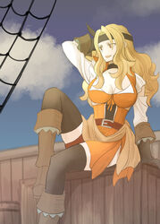  alternate_costume arm_up belt belt_buckle blonde_hair boots breasts brigid_(fire_emblem) brigid_(pirate)_(fire_emblem) brown_eyes buckle choker cleavage corset dress elbow_gloves female fire_emblem fire_emblem:_genealogy_of_the_holy_war fire_emblem_heroes gloves headband long_hair long_sleeves ouzisamafe pirate sitting thighhighs 