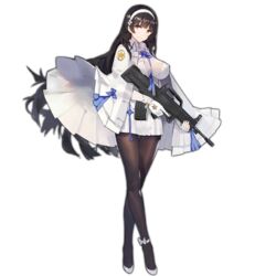  ankle_ribbon assault_rifle august1st between_breasts black_hair black_legwear breasts brown_eyes brown_legwear bullpup cloak covered_nipples crossed_legs female fingerless_gloves flats flower full_body girls_frontline gloves gun hair_flower hair_ornament hairband holding holding_gun holding_weapon impossible_clothes kishiyo large_breasts long_hair looking_at_viewer official_art pantyhose pleated_skirt qbz-95 qbz-95_(girls_frontline) ribbon rifle shoes skirt smile solo standing thigh_gap thighband_pantyhose transparent_background trigger_discipline very_long_hair watermark watson_cross weapon white_gloves white_hairband 